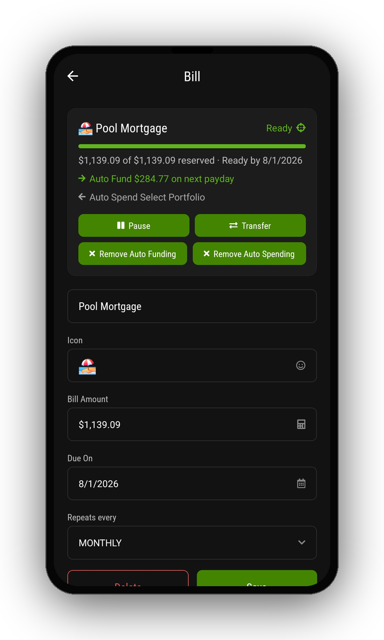 Adding a bill and setting auto-funding