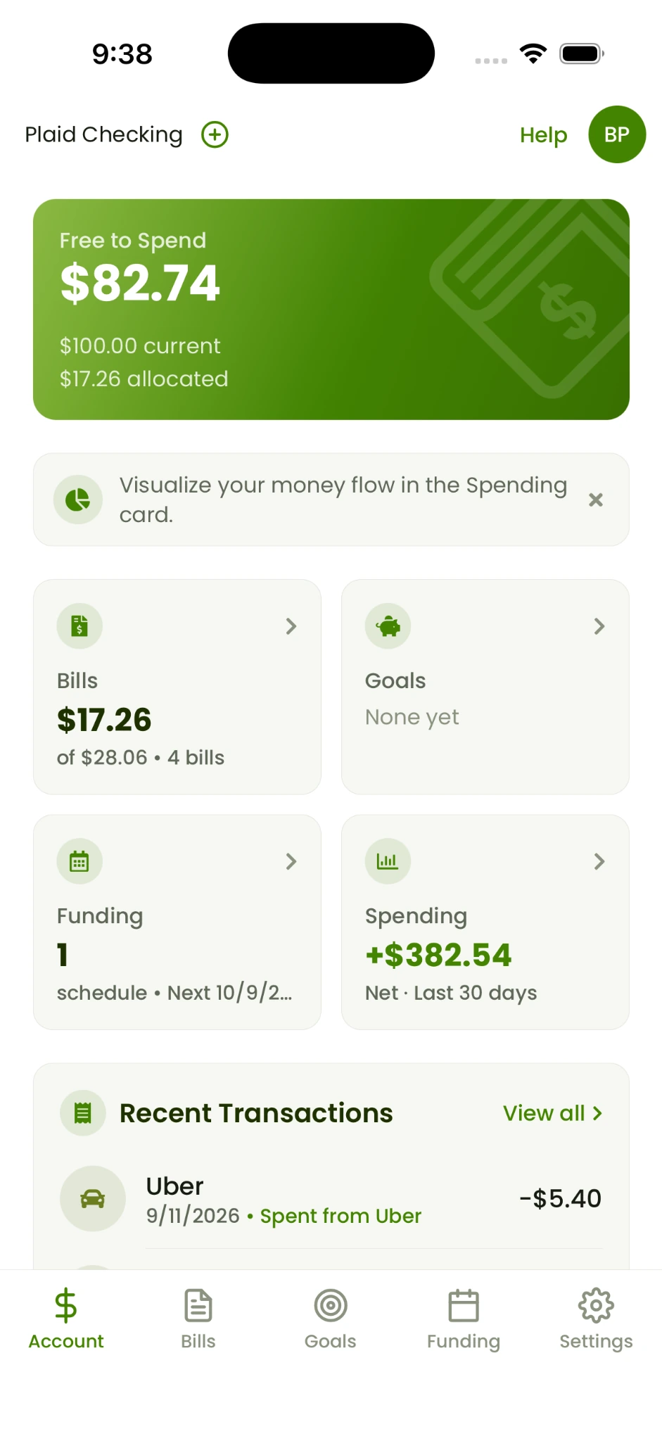 Yearn Account screen showing $82.74 Free to Spend